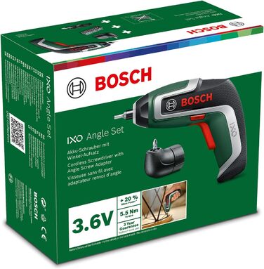 Акумуляторний шуруповерт Bosch IXO 7-го покоління, 3.6 В, 2.0 Агод, 5.5 Нм, комплект з кутовим кріпленням, кабелем micro USB