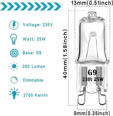 Лампа для духовки G9 Галогенна лампа 25 Вт 230 В Лампа для духовки для духовки та мікрохвильової печі 300 градусів C Термостійкі лампочки 6 шт.