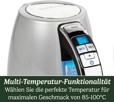 Чайник Cuisinart Multi-Temp Швидке кип'ятіння, 3 кВт Бездротовий зв'язок Оздоблення з нержавіючої сталі Ємність 1,7 л Регульована температура Знімний фільтр проти накипу, який можна мити Срібло Variable Temp 1,5 л Срібло