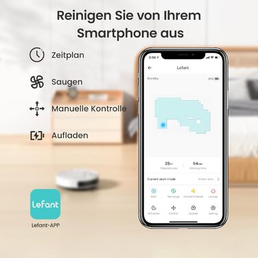 Робот-пилосос LEFANT з дистанційним керуванням, робот-пилосос 2200 Па, макс. 120 хвилин, робот-пилосос WiFi, самозарядка, додаток/Alexa, ідеально підходить для шерсті домашніх тварин, килимів, твердої підлоги 210P