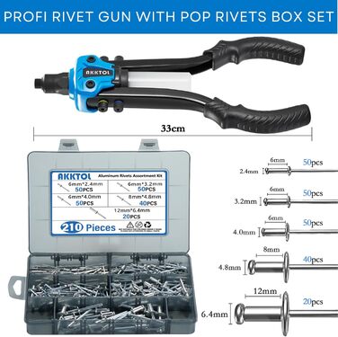 Плоскогубці для заклепок AKKTOL Набір плоскогубців для заклепок, включаючи 210 заклепок Глухі плоскогубці для глухих заклепок 6,4-2,4 мм Плоскогубці для заклепок Набір професійних ручних кліщів, придатних для заклепок з нержавіючої сталі, сталі та ALU Важ