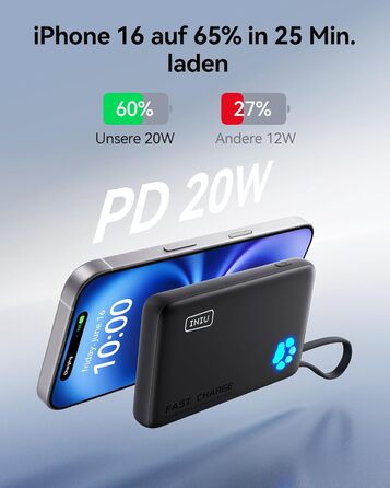 Міні-розмір 20W 10000mAh PowerBank із вбудованим кабелем USB-C, PD3.0 QC4.0 USB C In&Out, невеликі, але міцні зовнішні акумулятори для мобільних телефонів для iPhone 16 15 14 13 12 Pro Max Mini Samsung S23 iPad