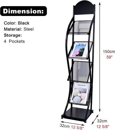 Портативний тримач для зберігання журналів, 4-шарова підлогова підставка для літератури/інформаційна підставка, міцний металевий дисплей для книг, документів та брошур, 59