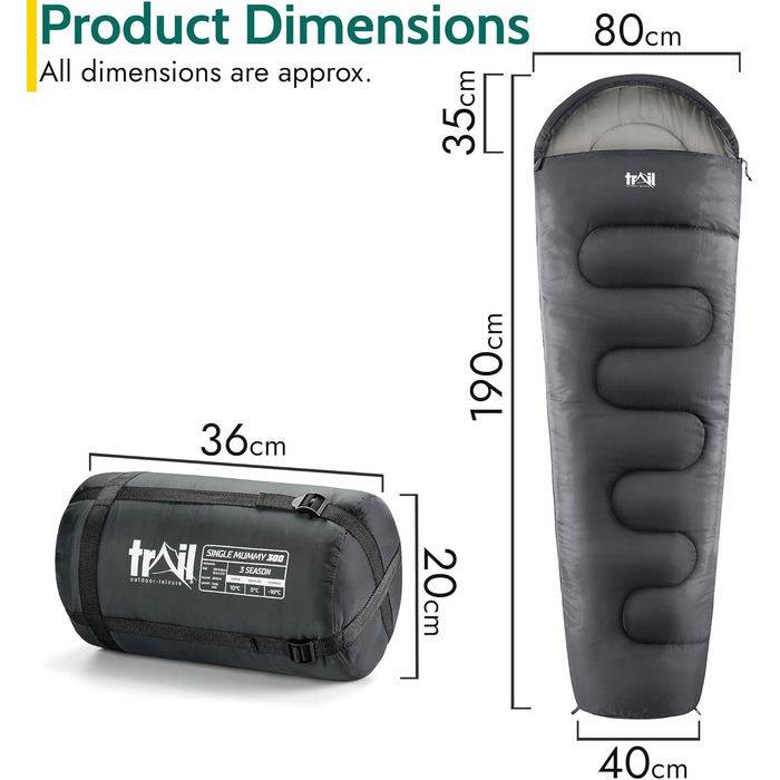 Спальний мішок для дорослих на 1 особу Trail - спальний мішок 3 сезони, на відкритому повітрі весна осінь зима - 300 GSM - для кемпінгу на відкритому повітрі - внутрішні кишені - легкий компресійний мішок антрацитовий