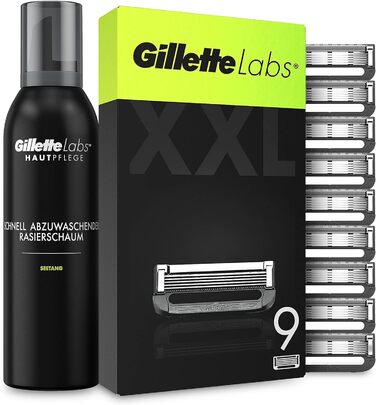 Леза для бритви Gillette Labs, 9 змінних лез для вологих бритв Men і бритва з підігрівом з очищувальним елементом і піною для гоління Men (240 мл), Догляд за шкірою шляхом захисту та охолодження шкіри