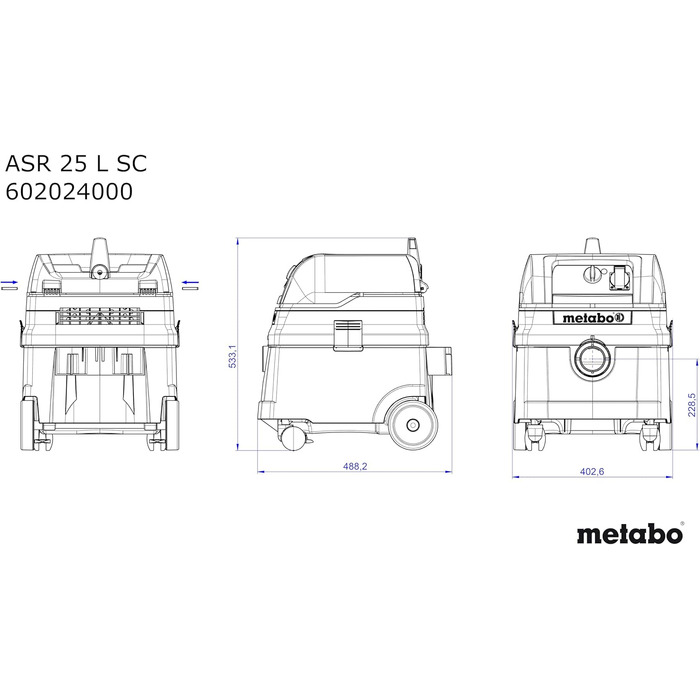 Універсальний пилосос Metabo ASR 25 L SC - 602024000 - Пилосос для вологого/сухого прибирання з напівавтоматичним очищенням фільтра - довжина кабелю 8 м