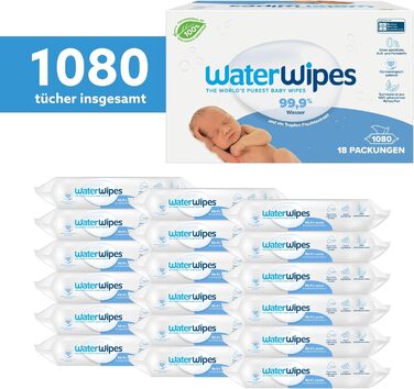 Оригінальні очищувальні серветки WaterWipes Plastic Free для немовлят, 720 шт. (12 упаковок), 99,9 очищувальні серветки на водній основі, без запаху для чутливої шкіри (1080 шт. (1 упаковка))