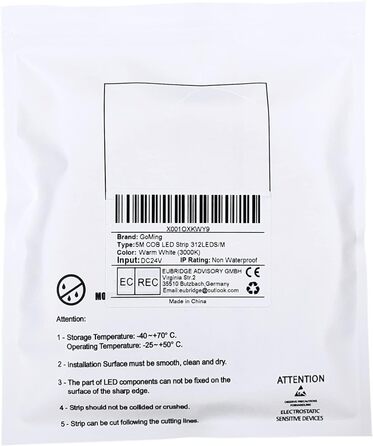 Світлодіодна стрічка GOMING 24 В COB 4000K Світлодіодна стрічка 312LED/M Світлодіодна стрічка самоклеюча CRI 93 Висока яскравість 6300 лм Неводонепроникна світлодіодна стрічка IP20 для прикраси внутрішнього будинку (тільки стрічка) (теплий білий, 5 м)