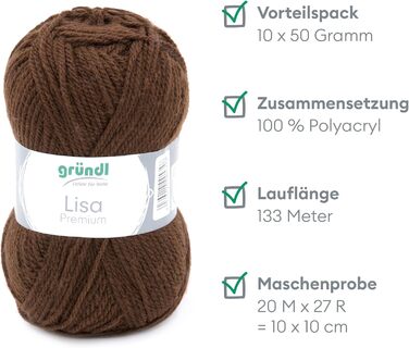 Пряжа Grndl Lisa Premium Uni Knitting & Crochet Yarn (м'яка і схожа на шерсть, пряжа для в'язання, що легко миється, з 100 поліакрилу, 50 г/ 133 м, розмір голки 3,5 - 4,5, 10 кульок по 50 г кожен), (шоколад)