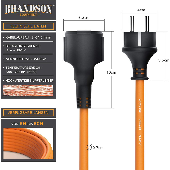 Подовжувач зовнішній 3500 Вт - 3 дроти - Зовнішня вставка - 25м (метри) - IP44 зі штепсельною вилкою Schuko - Подовжувач кабелю живлення - 230 В - із захисним ковпачком - Електричний кабель зовні