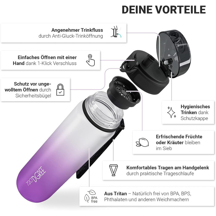 Пляшка для води 720DGREE 1л Sport 'uberBottle softTouch Sieb - BPA-Free - Пляшка для води для універу, роботи, фітнесу, велосипеда, активного відпочинку, роботи - спортивна пляшка з тритану - легка, ударостійка, багаторазова (1000 мл, 35 білосніжка бузок 