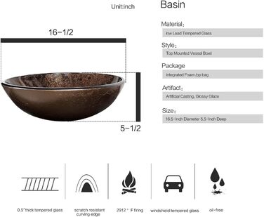 Умивальник Скляна стільниця Умивальник з набором відходів для змішувача, Круглий набір умивальників Коричневий, Кухня для ванної кімнати, Гостьовий туалет круглий коричневий