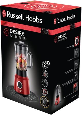 Міксер Russell Hobbs скляний контейнер 1,5 л Desire Red (потужний двигун 0,9 к.с., функція імпульсу/подрібнення льоду, ніж з нержавіючої сталі, блендер без бісфенолу А, електричний подрібнювач, смузі-машина) 24720-56