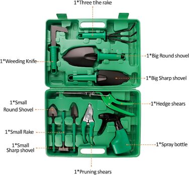 Набір садового інструменту DUOJIN, набір садового інструменту для квітника з 10 частин, подарунковий набір садового ручного інструменту, садові подарунки для жінок та чоловіків, з секатором та ящиком для зберігання, садові аксесуари