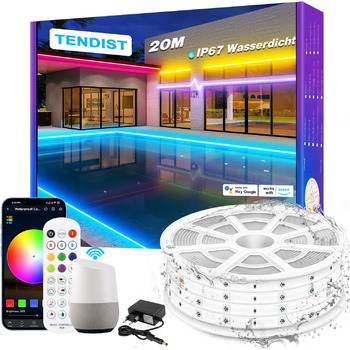 Світлодіодна стрічка TENDIST 20M WiFi RGB водонепроникна, світлодіодна стрічка IP67 зовнішня, зовнішня світлодіодна стрічка 24 В Синхронізація музики Сумісна з Alexa, світлодіодна стрічка зовнішня для альтанки, перголи, зовнішнє освітлення 20M-IP67 Rgb