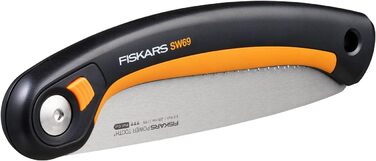 Складна пила Fiskars Plus, для товстих колод і гілок, 3 положення різання, гостре лезо з електроприводом, груба зубчастість, довжина леза 21 см, чорний/помаранчевий, пила SW69, 1067553 (полотно 20 см)