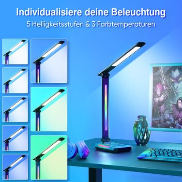 Світлодіодна настільна лампа WILIT з функцією бездротової зарядки та зарядки USB, ігрова настільна лампа RGB з регулюванням яскравості з 3 кольорами та 5 яскравістю, налаштування ігрових аксесуарів зі зміною кольору світлодіодної лампи