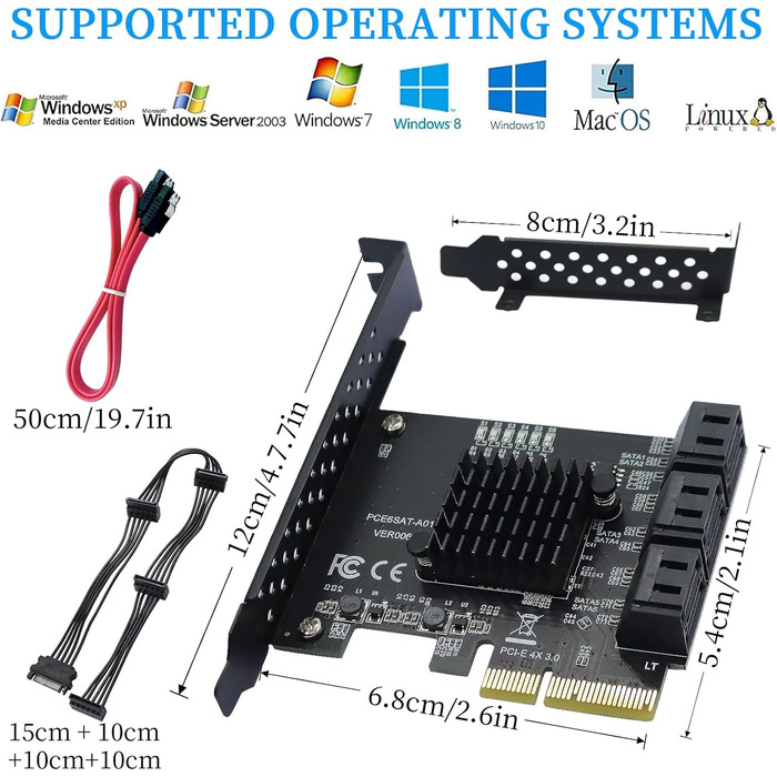 Карта 6 портів, 6 Гбіт/с 4 шт. SATA 3.0 PCIe карта, PCIe до SATA контролера плата розширення без рейду з 6 кабелями SATA низькопрофільний кронштейн, Plug and Play Windows, Linux система ASM1166 чіп 6 портів 4x-чорний