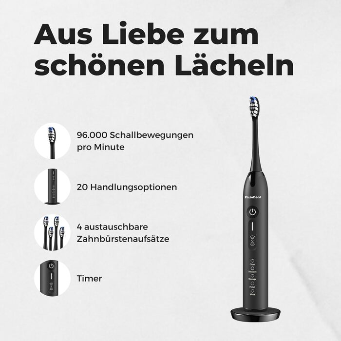 Електрична зубна щітка PixieDent з 4 запасними щітками 5 режимів роботи Дорожній кейс для звукової зубної щітки 4 рівні потужності Ультразвуковий таймер 96 000 рухів звукової хвилі Чорний