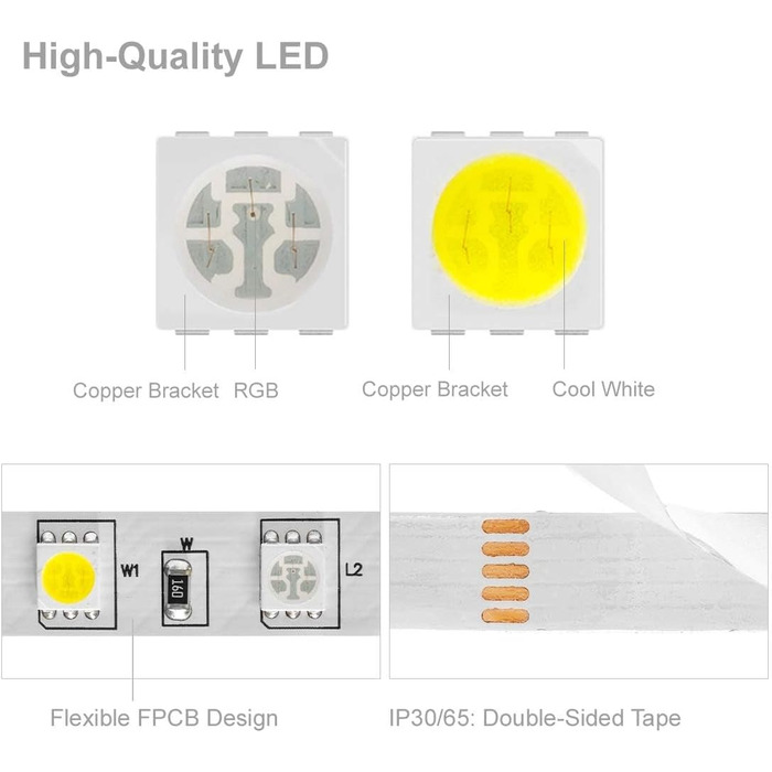 Теплий білий (2700K-3000K) 4 кольори в 1 Світлодіод 5м 60 світлодіодів/м Багатобарвна світлодіодна стрічка IP65 Силіконове покриття Водонепроникна біла друкована плата DC12V для прикраси інтер'єру (Rgb холодний білий, IP 30), 5050 RGBW RGB