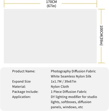 Дифузорна тканина Нейлон Шовк Білий Дифузійний безшовний модифікатор світла для освітлення фотографії, софтбокс і світлові намети, 1.7M