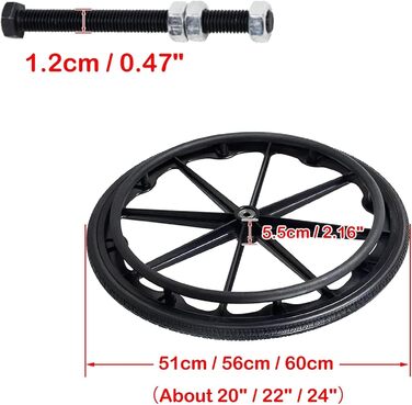 Заміна заднього колеса інвалідного візка, 20/22/24 дюймові суцільнополіуретанові шини, колеса для інвалідних візків з підшипниками та штовхаючими дисками, набір з 2 коліс для інвалідних візків, чорні, 24in(60cm)*13/8 24in(60cm)*13/8 Чорний