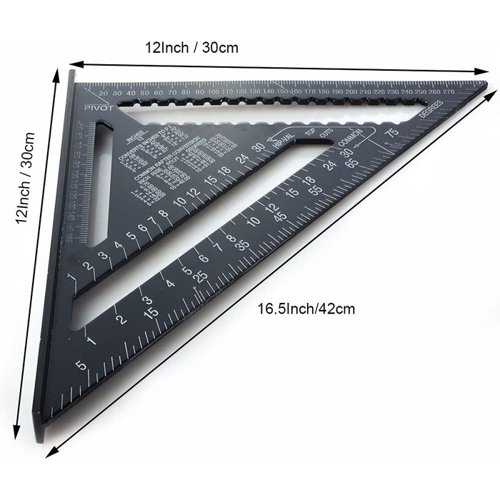 И Метрична трикутна лінійка, 17см і 30см, чорна трикутна лінійка, квадратний транспортир, алюмінієвий сплав, трикутна лінійка, макетний вимірювальний інструмент для інженерів, столярів, теслярів., 2 шт.