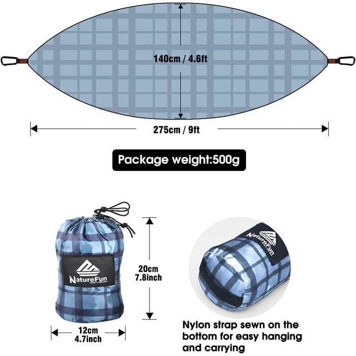 Туристичний кемпінг-гамак NATUREFUN 275 x 140 см преміум-класу максимальна вантажопідйомність до  300 кг дихаючий, швидковисихаючий з парашутного нейлону з 2 карабінами