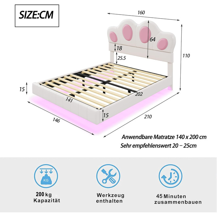 Дитяче ліжко з м'якою оббивкою, плаваючий каркас ліжка зі світлодіодним підсвічуванням, з узголів'ям у вигляді котячої лапи та 4 автоматичними режимами перемикання, підходить для спальні (матрац не в кольорі (Розмір 140 см * 200 см, Колір бежевий) 140 см 