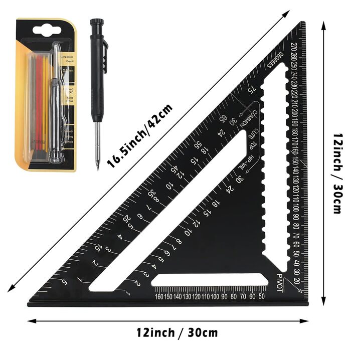 И Метрична трикутна лінійка 18см і 30см з столярним олівцем і 6 грифелями, багатофункціональний столярний косинець з алюмінієвого сплаву, розмічальний інструмент для деревообробки, 2 шт.
