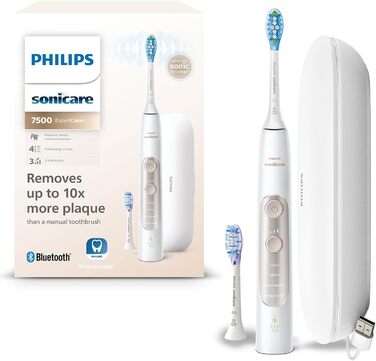 Електрична зубна щітка Philips Sonicare ExpertClean 7500, звукова зубна щітка з додатком, 4 режими очищення та 3 рівні інтенсивності, датчик тиску, дорожній футляр, біле золото, модель HX9691/02