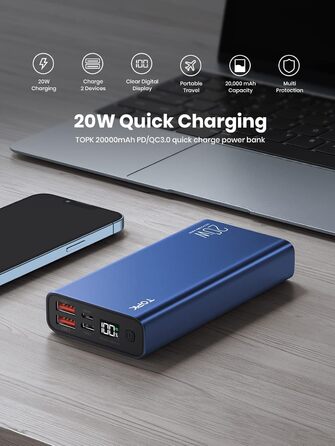 Швидка зарядка USB C Powerbank 20000mah LED Display Зовнішній акумулятор сумісний зі смартфоном, планшетами тощо. версія 2022 20 Вт синій, 20W PD QC3.0