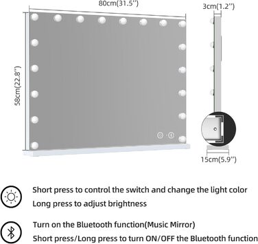 Дзеркало Hansong Hollywood 80x60 з підсвічуванням і Bluetooth, 18 світлодіодних ламп, 3 режими освітлення, дзеркало для макіяжу з регулюванням яскравості з підсвічуванням і USB-портом для зарядки 80x60 см динамік