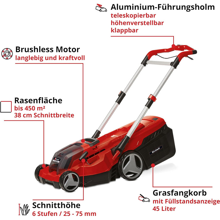 Акумуляторна газонокосарка Einhell RASARRO 36/38 Kit Kit Power X-Change (36 В, ширина скошування 38 см, 450 м, безщіткова, функція мульчування, травозбірник 45 л, в т.ч. 2 акумулятори по 4,0 Ач Twincharger) до 450 м