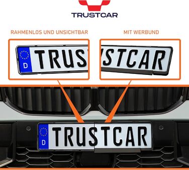 Тримач номерного знака TRUSTCAR Frameless 2 Pack - універсальний тримач номерного знака для автомобіля - сумісний з будь-яким номерним знаком, затвердженим ЄС - включаючи аксесуари для кріплення - 520 мм x 110 мм - чорний 2 шт. и