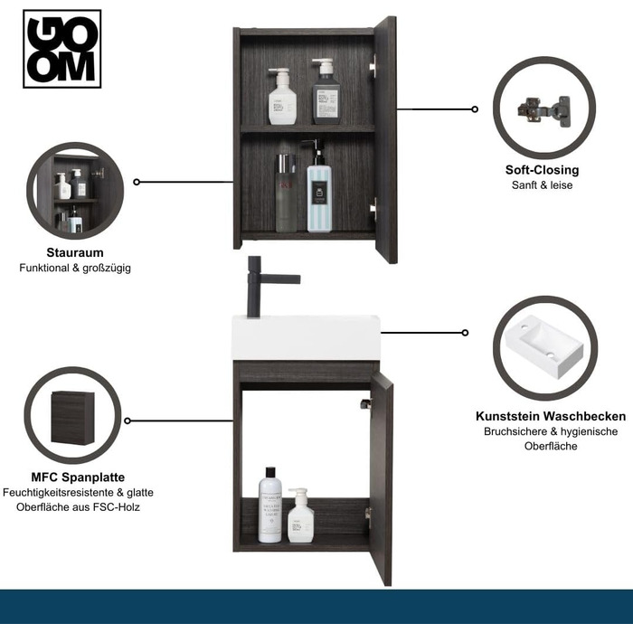 Набір гостьових туалетів GOOM 40 см Меблі для ванної кімнати Попередньо зібраний невеликий умивальник з нижньою шафою (умивальник дзеркальна шафа, антрацит)