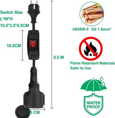 Подовжувач HuaLiSiJi з вимикачем Подовжувач Короткий подовжувач IP44 Outdoor16A 250V, для вулиці або приміщення, будинку, офісу (1м)