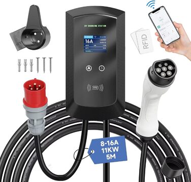 Станція для зарядки електромобіля з додатком Smart App, 8-16A CEE 3 Phase Plug, IP65, WiFi і Bluetooth, RFID-карта, Electric Car Wallbox Підходить для i3, e-Up, ID.3, ID.4, Zoe, 11kW Wallbox/