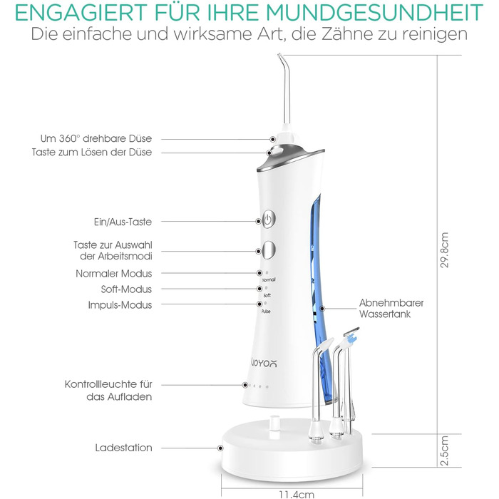 Акумуляторний електричний водяний флоссер для чищення зубів, Interdental Cleaner Акумуляторний водонепроникний засіб для зняття нальоту IPX7 для брекетів WF300 (синій)