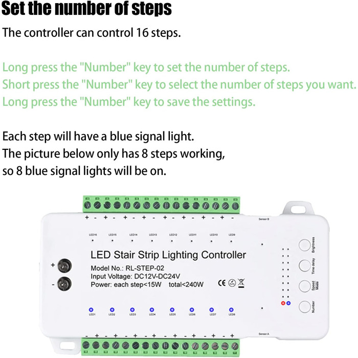 Контролер освітлення сходів з детектором руху, контролер світлодіодної стрічки від 12 В до 24 В, з функціями затримки яскравості, швидкості та часу (дев'ять моделей, до 16 світлодіодів, з дистанційним керуванням)