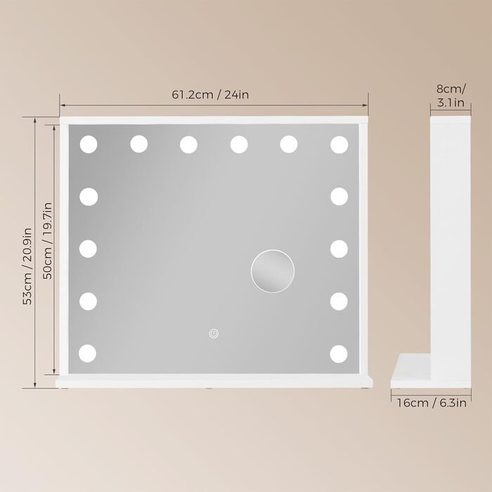 Дзеркало для макіяжу Mondeer з підсвічуванням, голлівудське дзеркало 60x50 см з 14 світлодіодами з регулюванням яскравості 3 колірних температур, сенсорне управління, настільне дзеркало для туалетного столика в спальні