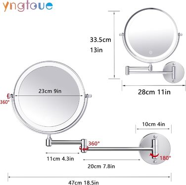 Настінне косметичне дзеркало yngtoue 23 см зі світлом, хромоване дзеркало для гоління у ванній кімнаті з 10-кратним збільшенням, USB-зарядка (960C10X) хромоване 9'