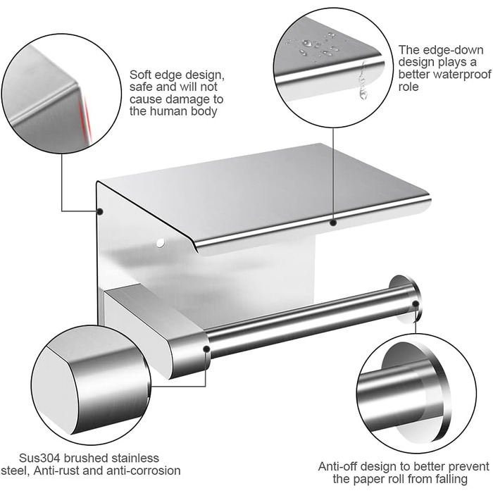 Тримач для туалетного паперу ASOFTY без свердління з полицею, самоклеючий, матова нержавіюча сталь