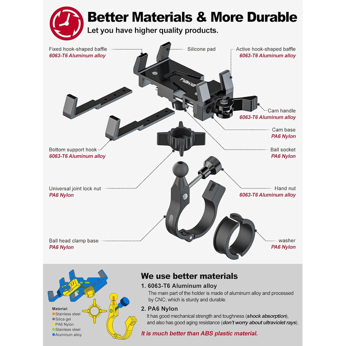 Тримач для мобільного телефону Tiakia Велосипедний алюмінієвий мотоциклетний тримач для мобільного телефону 6 кігтів з обертанням на 360, універсальний тримач для мобільного телефону Встановлення без інструментів Тримач мобільного телефону Велосипед для т