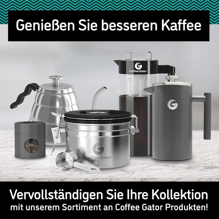 Кавоварка Coffee Gator French Press - Термос з нержавіючої сталі для довшої гарячої кави - 1 літр - сірий - Включає каністру для кави для подорожей