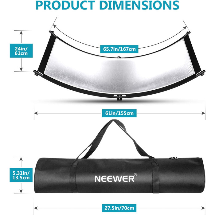 Розсіювач світловідбивача Neewer Clamshell з кронштейном 2M і сумкою для перенесення 66 24 155x61 см для фотостудії з чорним-білим-золотим-сріблястим кольорами