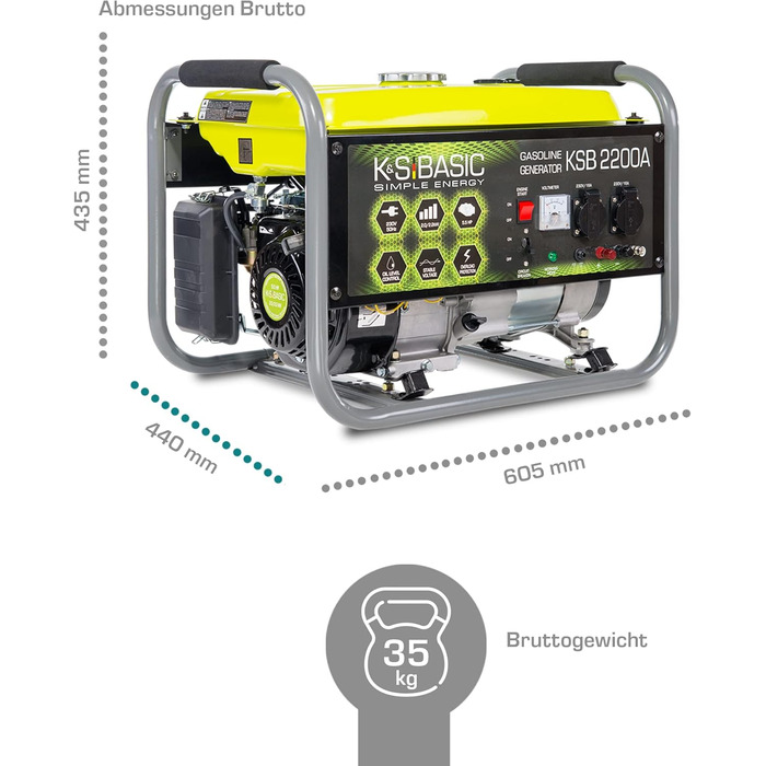 Генератор електроенергії KS BASIC 2200А, 4-тактний бензиновий двигун 5.5 к.с., алюмінієвий альтернатор, автоматичний регулятор напруги (AVR), генератор 2200 Вт, 16А, 230В, для дому та відпочинку