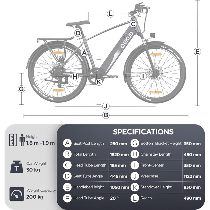 Електричний велосипед Qekud 27M204, 27,5-дюймовий електричний велосипед для трекінгу з літій-іонним акумулятором 36 В 12,5 Ач, пробіг до 100 км у гібридному режимі, двигун потужністю 250 Вт, сумісний з ЄС, з додатком Grey
