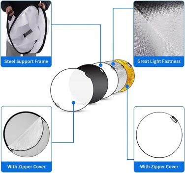 Фотовідбивач 5-в-1, розбірний портативний розсіювач світла, круглий/овальний рефлектор різних розмірів для рефлектора Fotostudio (розмір 30см срібло-золото)