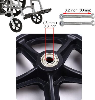 Запасні передні колеса для інвалідного візка - 2 шт. и, чорні тверді гумові нековзні колеса - 6 дюймів 7 дюймів 8 дюймів, запасні колеса для інвалідних візків, ходунки, аксесуари для запасних коліс з віссю 7,5 дюймів (190 мм) чорного кольору